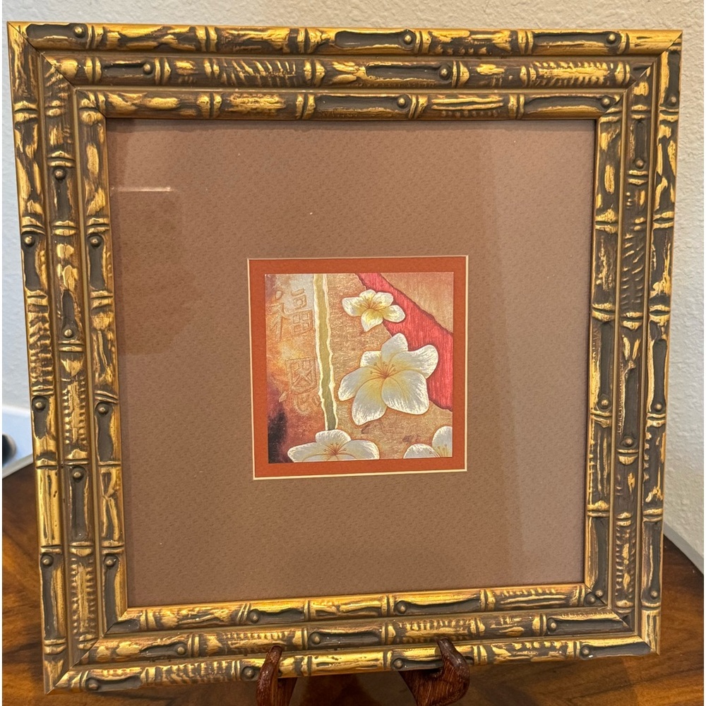 Vintage Japanese Foil Art Framed in Bamboo Frame Measuring 13 X 13
